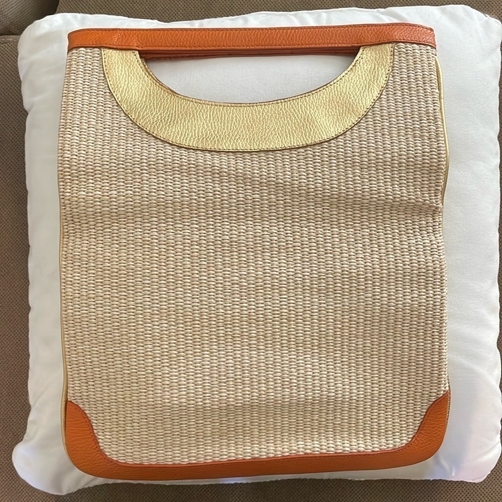 Buti Woven Straw Orange Gold Leather Envelope Semi Circle Handle Foldable Bag
